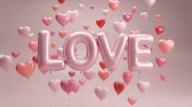 The word love in 3d letters surrounded by floating pink and red hearts