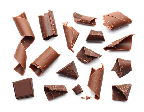 Close up view of various chocolate flakes on white surface