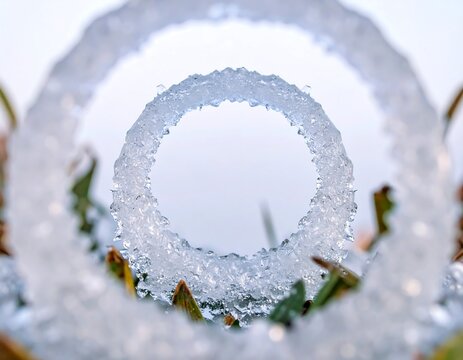 Frozen ice crystal ring on blades of grass outdoors