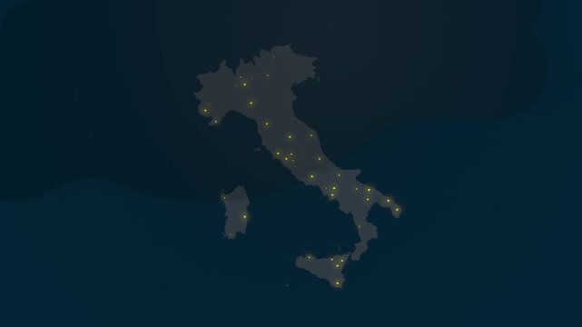 Italy Map at Night Showing Glowing Urban Lights in Various Locations
