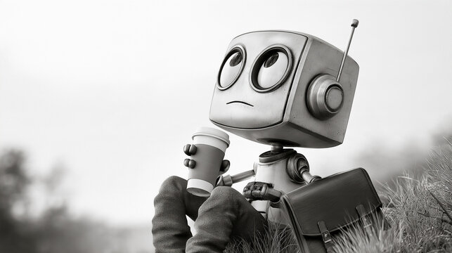 Melancholy Robot Contemplation: A monochrome image captures a quirky, retro-style robot with a pensive expression, holding a disposable coffee cup and a briefcase.