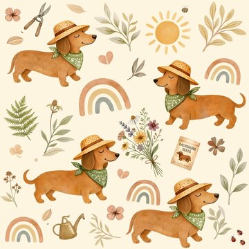 Spring Gardening Dachshund Seamless Watercolor Pattern