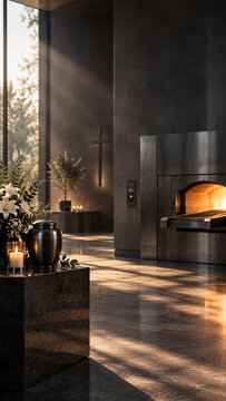 Modern crematorium interior with urn flowers and burning furnace