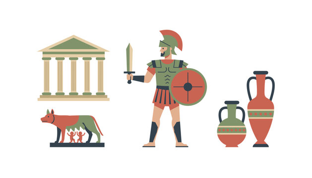 Roman soldier standing with a sword and shield alongside a temple, ancient vases, and a statue of the Capitoline Wolf legend.