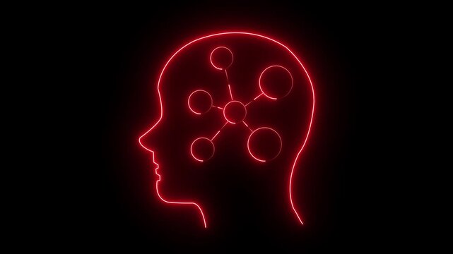 Neon human head with glowing brain network illustration