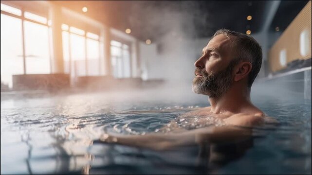 4K video of mature bearded man relaxing in indoor thermal hot spring pool with steam and natural light from large windows, wellness and spa atmosphere