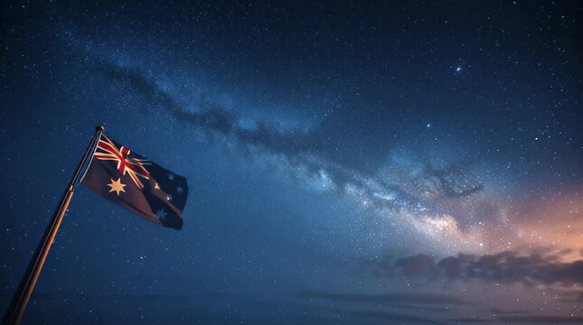 Australian flag waving under a bright Milky Way sky with stars shining at night
