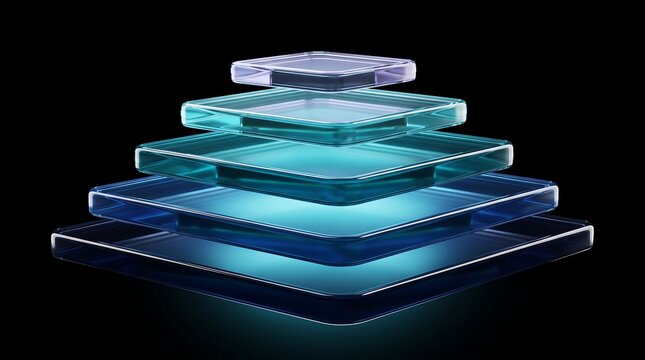 Abstract stack of glowing blue glass square plates on black background