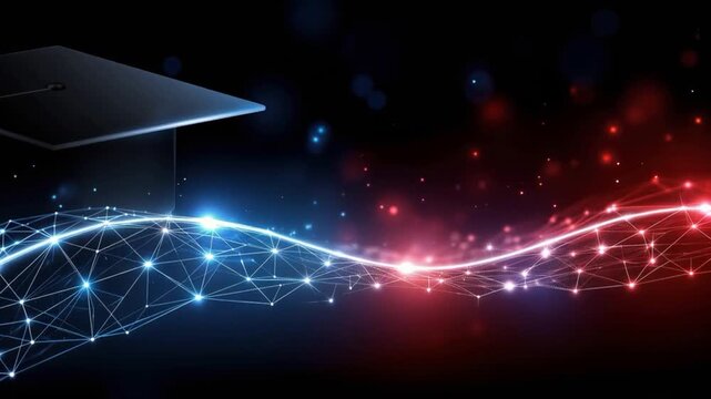 Graduation cap sits above a glowing abstract network. ..Created with Generative AI, not depicting real subjects.