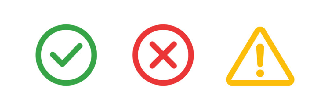 Success, error and warning status icon set with tick mark, cross and alert triangle symbols, Outline green, red and yellow indicators for app and web interface vector illustration