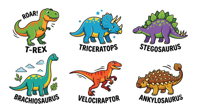 Cute Dinosaur Illustration Set Featuring T Rex, Triceratops, Stegosaurus, Brachiosaurus, Velociraptor, and Ankylosaurus Characters with Playful Designs