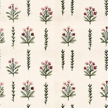 Vintage Olive Green Botanical Striped Seamless Pattern with Folk Flowers