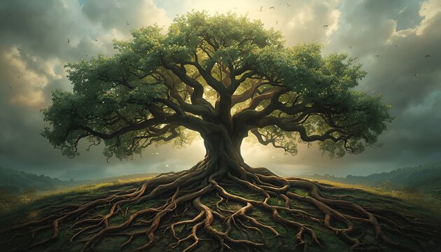 Panoramic Tree of Life with Intricate Branching Canopy and Deep Roots, Symbolizing Growth, Harmony, Nature and Spiritual Connection in a Serene Fantasy Landscape