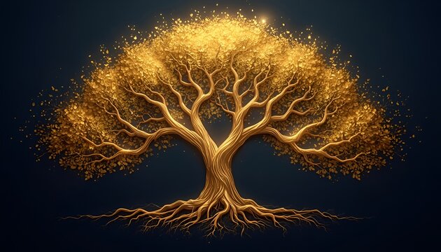 Majestic Golden Tree of Life with Symmetrical Branches, Intricate Roots and Radiant Metallic Leaves Against a Midnight Blue Background, Symbolizing Wisdom and Harmony