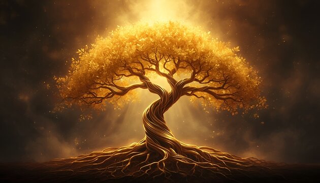 Majestic Golden Tree of Life with Luminous Metallic Branches, Twisting Roots and Glowing Amber Leaves Against a Deep Twilight Background, Symbolizing Harmony and Eternity