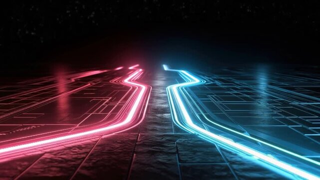 A mesmerizing digital landscape unfolds with two vibrant streams of light, red and blue, converging and diverging on a textured surface. ..Created with Generative AI, not depicting real subjects.