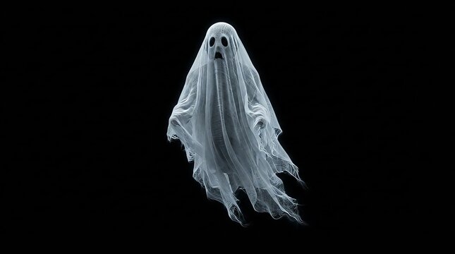 A ghostly apparition floating in darkness, a translucent white spirit figure for Halloween themes.