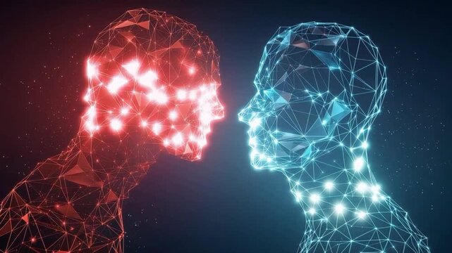 Two abstract glowing human heads, one red and one blue, face each other, connected by a network of glowing nodes and lines. ..Created with Generative AI, not depicting real subjects.
