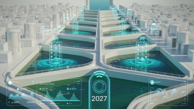 Futuristic city pyramid with digital data and holographic ui