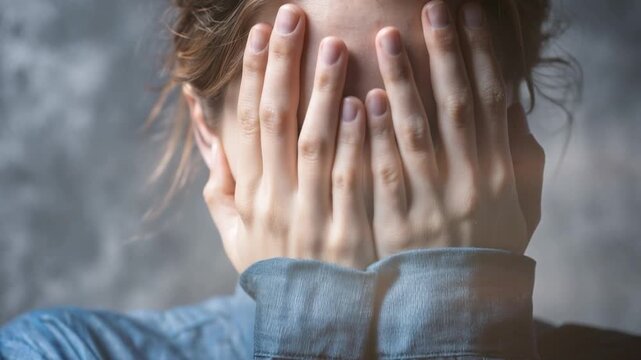 A woman hides her face in her hands, her expression obscured by despair, conveying a profound sense of emotional distress and sadness. ..Created with Generative AI, not depicting real subjects.