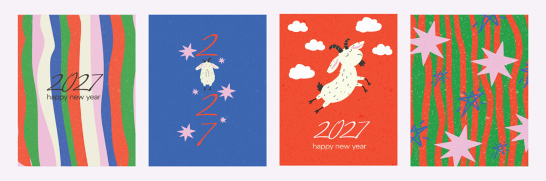 Set of four colorful New Year greeting cards for 2027 featuring playful hand-drawn illustrations, cute sheep, decorative stars, vibrant stripes, and festive typography. A cheerful collection of unique