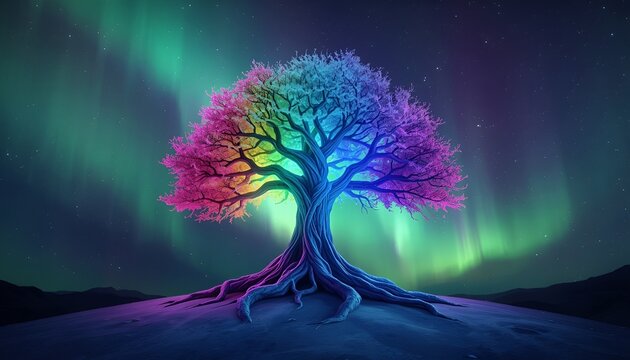 Colorful Yggdrasil Viking Tree of Life in a Vibrant 3D Render with Glowing Aurora Borealis, Norse Mythology, Cosmic Colors and Magical Fantasy Atmosphere