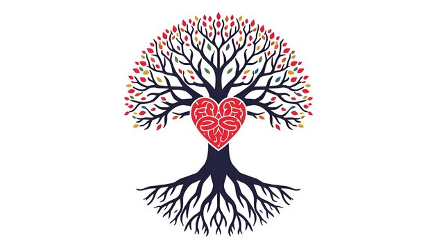 Generative AI Illustration of a Colorful Celtic Tree of Life with Roots Forming a Red Heart Shape, Intricate Branches and Decorative Patterns on a White Background