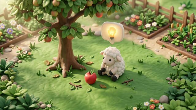 3D clay style illustration of a sheep figurine having a flash of inspiration next to a fallen apple under a tree, Newton's law of universal gravitation and education concept.
