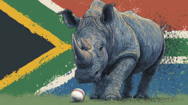 Rhino playing with a ball in front of South African flag during a sunny day