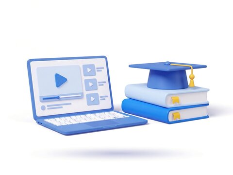 3D online education laptop display with video lesson, graduation cap on stack of textbooks, e-learning concept banner 4K