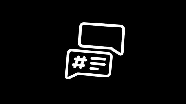 Animated speech bubble icons with hashtag and text elements on black background