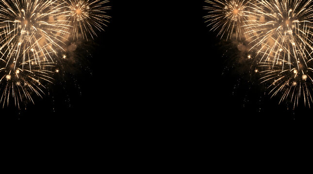 Spectacular golden fireworks illuminate the night sky during a vibrant new year celebration offering a stunning festive background with ample copy space