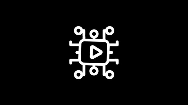 Animated circuit board icon with play button inside, representing technology and media