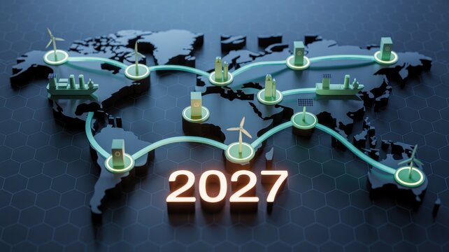 Global energy network map with 2027 year sign