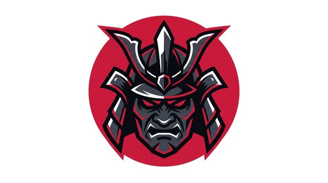 Vibrant samurai warrior helmet with fierce expression and dual horns for fierce gaming team logo or fantasy media artwork
