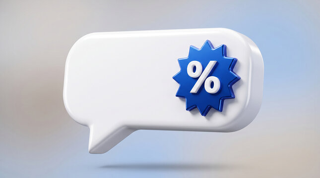 3D rendered white speech bubble with a blue starburst icon displaying a white percentage sign, symbolizing discount or sale, ready for text