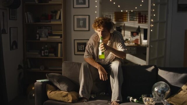 Caucasian young man wearing headphones, drinking beer and dancing enthusiastically after party. Suitable for music app promotions, beverage ads and youth lifestyle campaigns