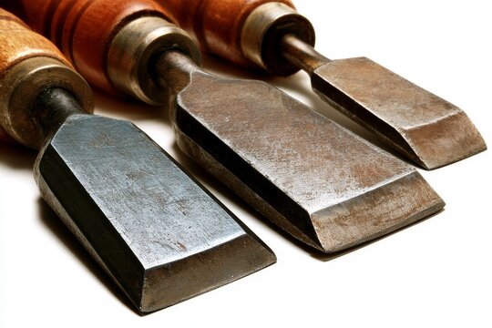 Broad woodworking chisels with wooden handles on a tidy surface