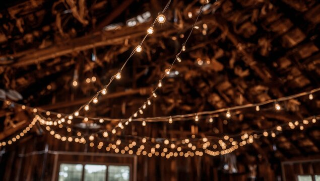 Rustic barn interior with string lights hanging from the ceiling