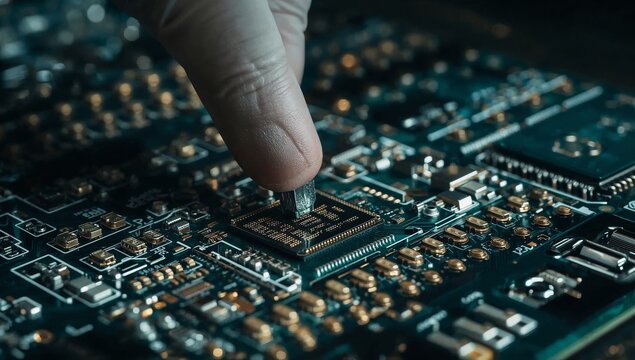 A close-up of a finger touching a circuit board with a microchip, highlighting the connection between human and technology