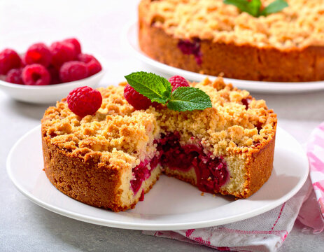 Raspberry crumb cake, white plate. AI