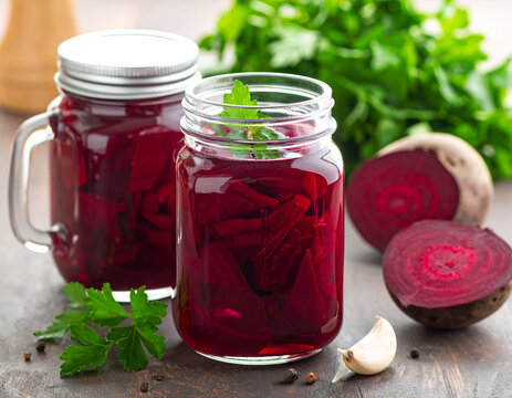 Pickled beets with herbs, mason jars, closeup. AI