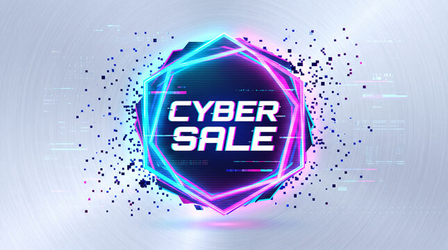 Glitch art hexagon with "CYBER SALE" text, featuring neon glow and digital fragmentation, symbolizing futuristic commerce and digital discounts