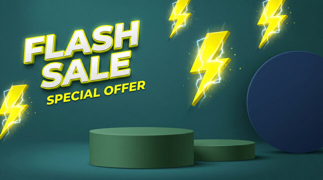 Flash sale announcement with lightning bolts and pedestals, symbolizing special offer and business promotion, ideal for advertising.