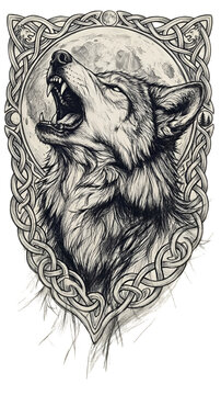Howling Wolf Under Full Moon with Celtic Knotwork Frame Illustration
