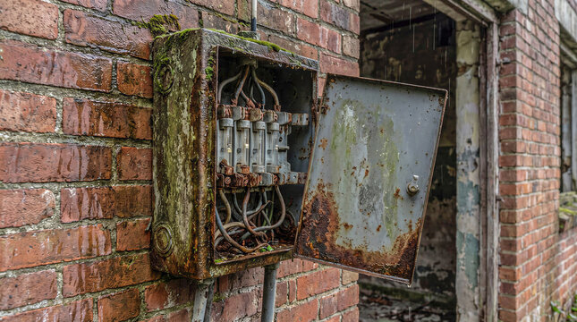 Rusted fuse cabinet stands open against rain streaked brickwork, with aged wires and exposed fuses inside. Neglected electrical equipment reveals old wiring, glass insulators, and corroded panel.