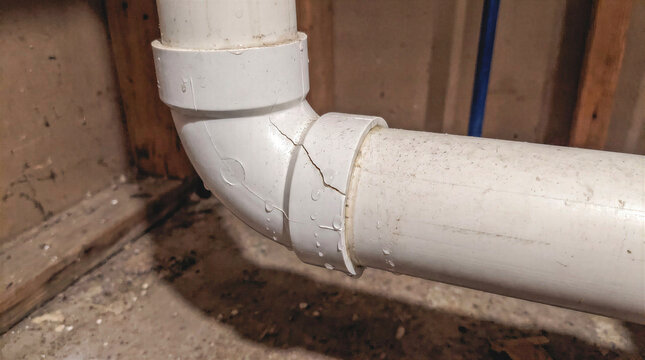 Cracked PVC drain pipe joint shows split elbow connecting vertical and horizontal sections. Water droplets cling to damaged plumbing fitting inside unfinished basement with exposed wood.