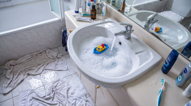 Toy boat floats in soapy bathroom sink beneath running faucet. Colorful bath toy rests among bubbles, while wet towels and toiletries suggest childs bath time and cluttered family bathroom.