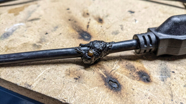 Melted electrical cord lies across stained wooden bench, its damaged insulation gathered beside plug. Power cable displays clear burn damage and needs careful inspection for safe handling.