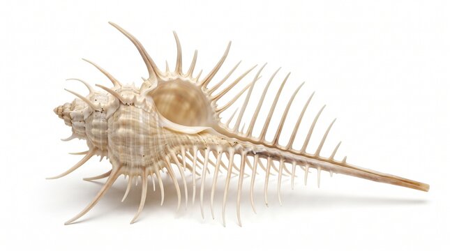 Venus comb murex seashell with intricate long spines showcased horizontally on a solid white surface.